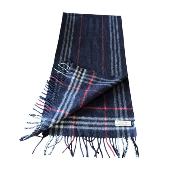 Burberry Cashmere wool blend winter Scarf Blue red and white with fringe - Picture 1 of 17